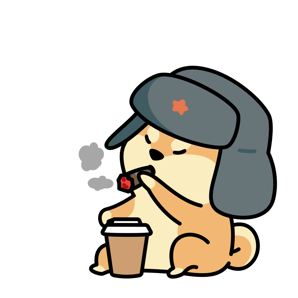 Shapka — the dog, with coffee and a cigar, hat on